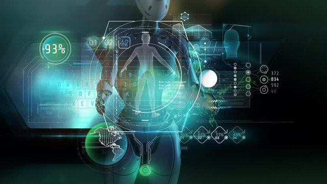 The alien is studying the data set about the man, 3D render.