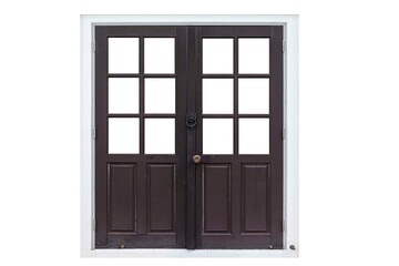 A large dark brown wooden door isolated on a white background