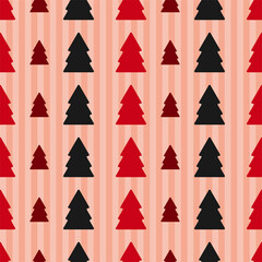 Seamless pattern. Christmas tree design isolated on striped background. Stylish pattern concept for wrapping paper, fabric, print, wallpaper, textile gift wrap. Retro style. Vector illustration.