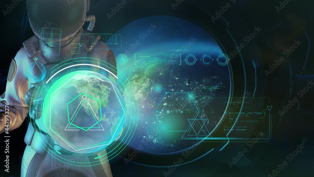 Poster an astronaut is analyzing data from the earth's orbit, 3d render.