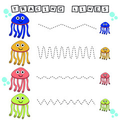 Tracing lines game with funny jellyfish.  Worksheet for preschool kids, kids activity sheet, printable worksheet