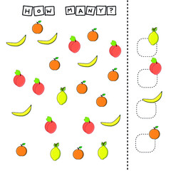 Developing activities for children, count as many  colorful fruites orange, lemon, peach, banana. Logic game for children.