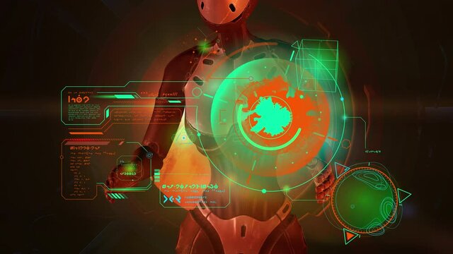 Alien is working with data in Mars orbit, 3D render.