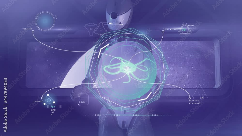 Poster an alien robot is analyzing data on an unknown living organism, 3d render.