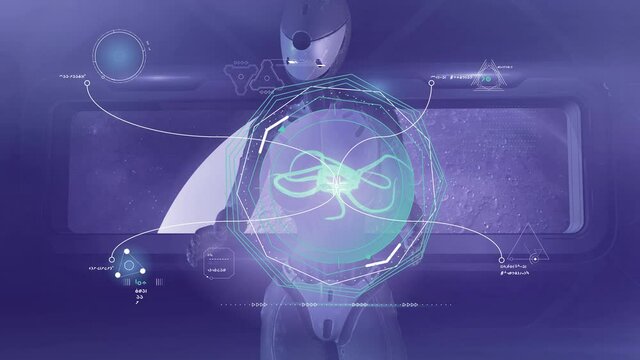An alien robot is analyzing data on an unknown living organism, 3D render.