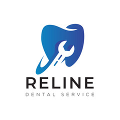 reline dental service logo, tooth with wrench wedge vector