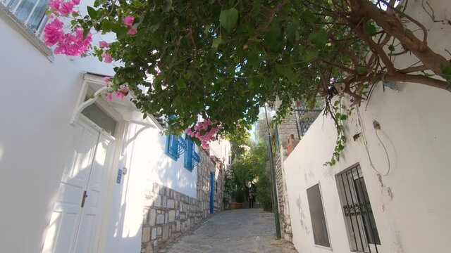 Walking point of view , Aegean Mediterranean architecture style houses in Bodrum, Turkey