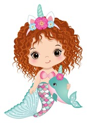 Cute Unicorn Baby Mermaid Holding Whale. Vector Unicorn Baby Mermaid