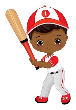 Cute African American Little Boy Playing Baseball. Vector Baseball Boy