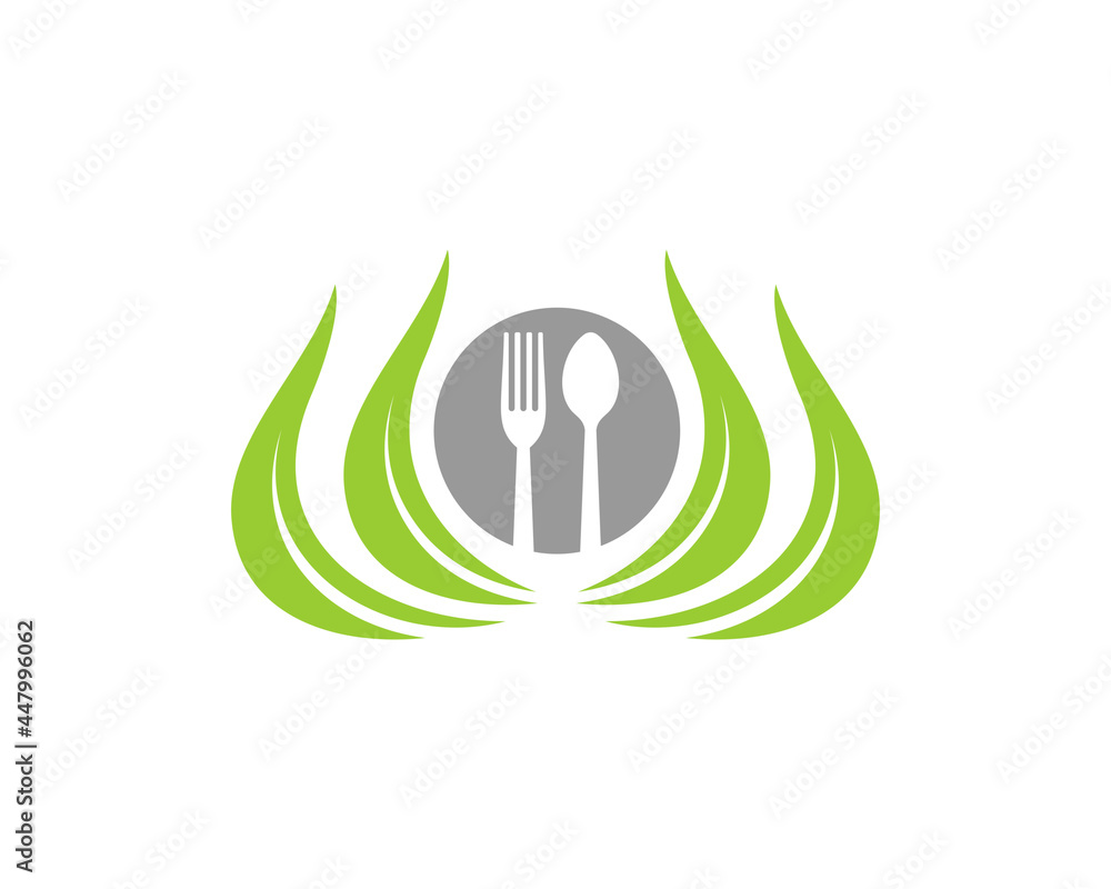 Poster fork, spoon and plate on the nature leaf