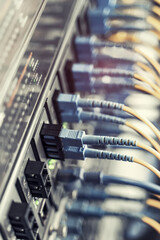Fiber Optic cables connected to optic ports and UTP, Network cables connected to ethernet ports