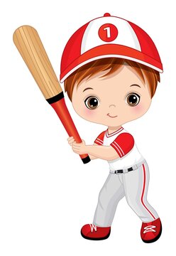 Cute Little Boy Holding Baseball Bat. Vector Baseball Boy