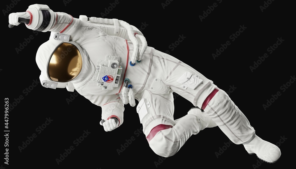 Wall mural astronaut posing like space parson in-universe 3d render with black background