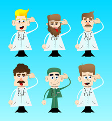 Funny cartoon doctor puting an imaginary gun to his head. Vector illustration.