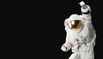 astronaut posing like space parson in-universe 3d render with black background - obrazy, fototapety, plakaty