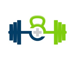 Gym barbell with kettle bell and medical cross symbol inside
