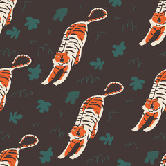 Tigers and cheetah tropical seamless pattern. Vector illustration