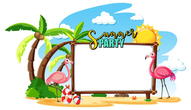 Empty banner board with flamingo on the beach isolated