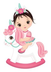 Cute Little Baby Girl Riding Unicorn. Vector Unicorn Baby Girl