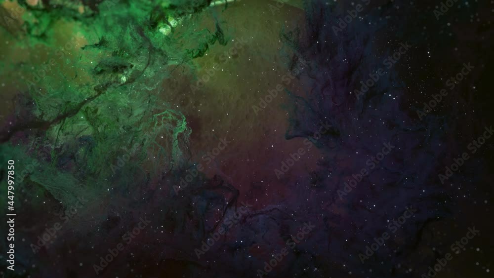 Wall mural nebula clouds travel to planet. passing nebula clouds with star glow and shine light to planet.