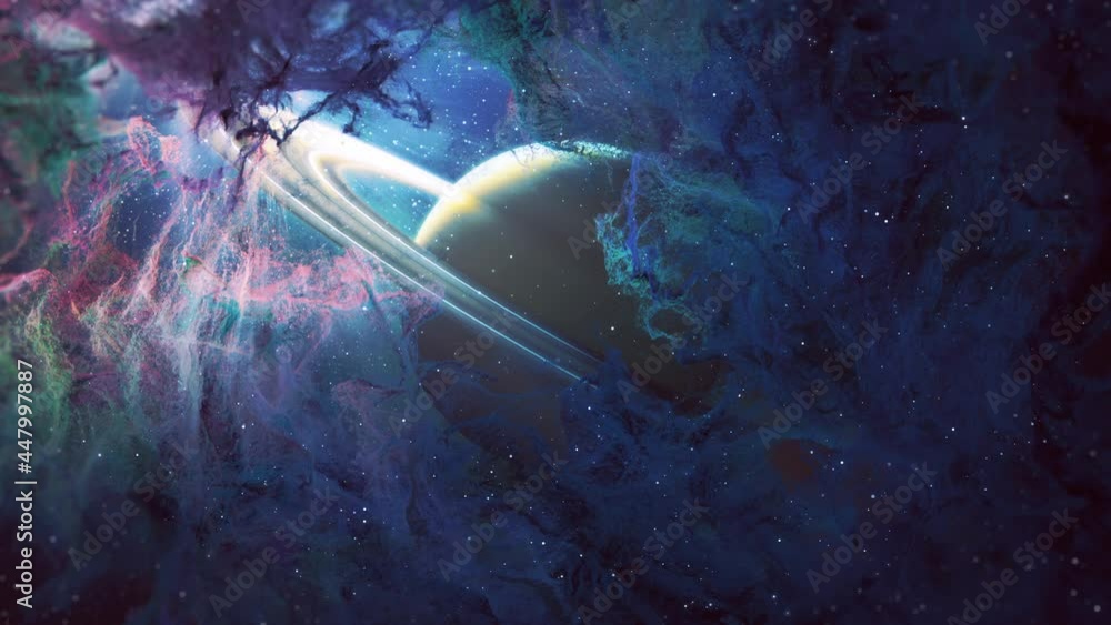 Poster nebula clouds travel to planet. passing nebula clouds with star glow and shine light to planet.