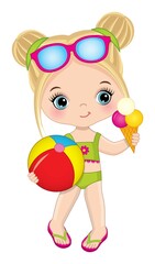 Cute Little Girl Wearing Swimsuit Holding Beach Ball and Ice Cream