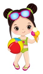 Cute Little Girl Wearing Swimsuit Holding Beach Ball and Ice Cream