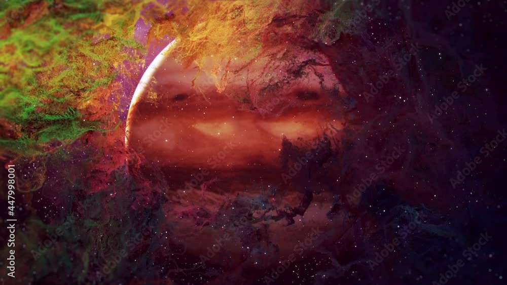 Wall mural nebula clouds travel to planet. passing nebula clouds with star glow and shine light to planet.