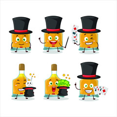 A vodka bottle Magician cartoon character perform on a stage. Vector illustration