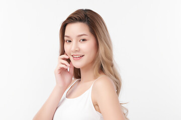 Fototapeta premium Beautiful young asian woman with clean fresh skin on white background, Face care, Facial treatment, Cosmetology, beauty and spa, Asian women portrait.