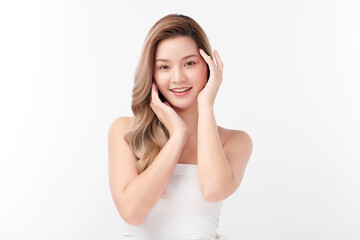 Fototapeta premium Beautiful young asian woman with clean fresh skin on white background, Face care, Facial treatment, Cosmetology, beauty and spa, Asian women portrait.