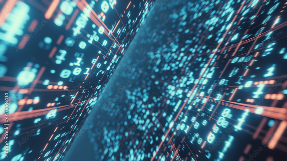 Poster 3D Rendering of binary tunnel with led leading light. Concept for data mining, big data visualization, machine learning, data discovery technology, customer product analysis.
