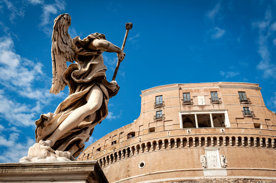 Statue of Angel with the Sponge by sculptor Antonio Giorgetti at Castel Sant'Angelo (Castle of the Holy Angel) or The Mausoleum of Hadrian in Rome, Italy