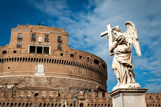 Statue of Angel with the Cross by sculptor Ercole Ferrata at Castel Sant'Angelo (Castle of the Holy Angel) or The Mausoleum of Hadrian in Rome, Italy