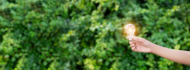 Hand holding light bulb,natural energy and love the world concept.