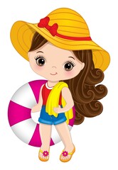 Vector Cute Little Brunette Girl with Long Hair Holding Lifebuoy and Beach Towel