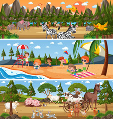 Outdoor panorama landscape scene set with cartoon character