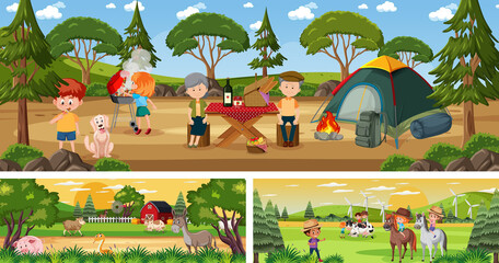 Set of different outdoor landscape scenes with cartoon character