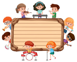 Empty wooden board with kids playing different musical instruments