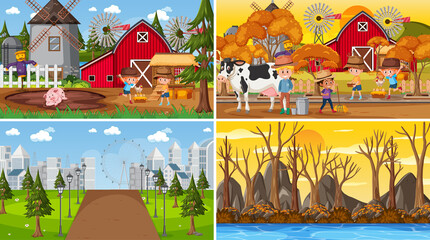 Set of different nature scenes background in cartoon style