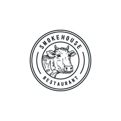 Vintage Smoke House, Steak House restaurant logo. Retro barbecue grill logo. Pig, Pork vector emblem template.