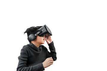 Asian boy wearing VR glasses headset isolated on white background.