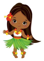 Cute Luau Girl Wearing Grass Skirt and hibiscus Garland Dancing. Vector Hula Girl - obrazy, fototapety, plakaty
