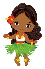 Cute Luau Girl Wearing Grass Skirt and hibiscus Garland Dancing. Vector Hula Girl - obrazy, fototapety, plakaty