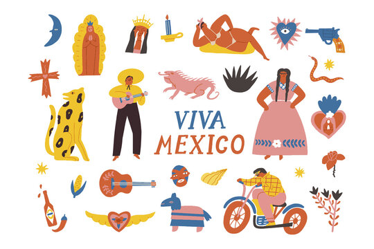 Mexican culture symbols funky set of graphics. Viva Mexico