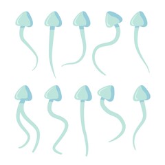 blue sperm set. Different types including double-tailed sperm. Semen symbol. Ejaculation, male fertility, reproduction concept. Stock vector illustration isolated on white background in flat cartoon