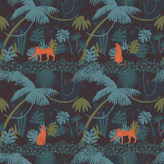 Cheetah and jaguar in the night jungle floral seamless pattern. Vector illustration