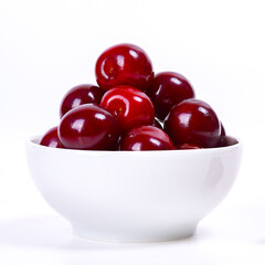 Cherry berries in a white cup on a white background. Isolated. Ripe cherries. Red delicious cherry.