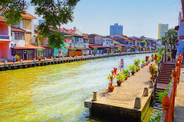 Melaka, Malaysia May 20 2013 The colorful houses next to the canal in Melaka World heritage