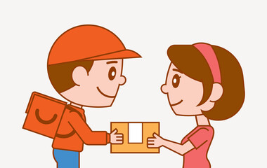 Cartoon cute delivery man with uniform giving parcel to woman customer - vector